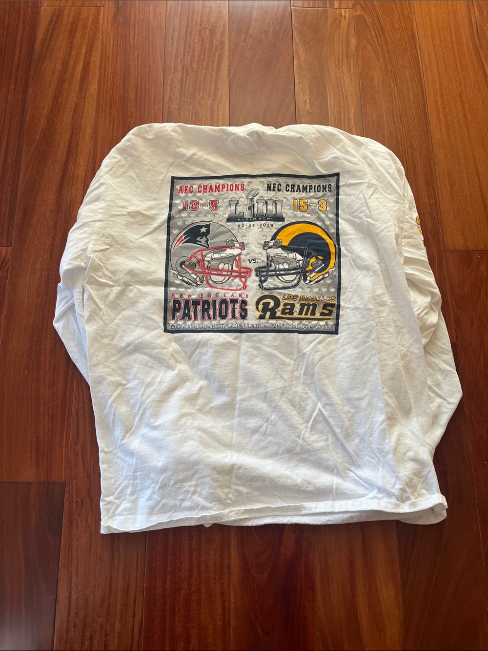 NFL SuperBowl LIII Patriots vs Rams White Long-Sleeve Tee Size XL